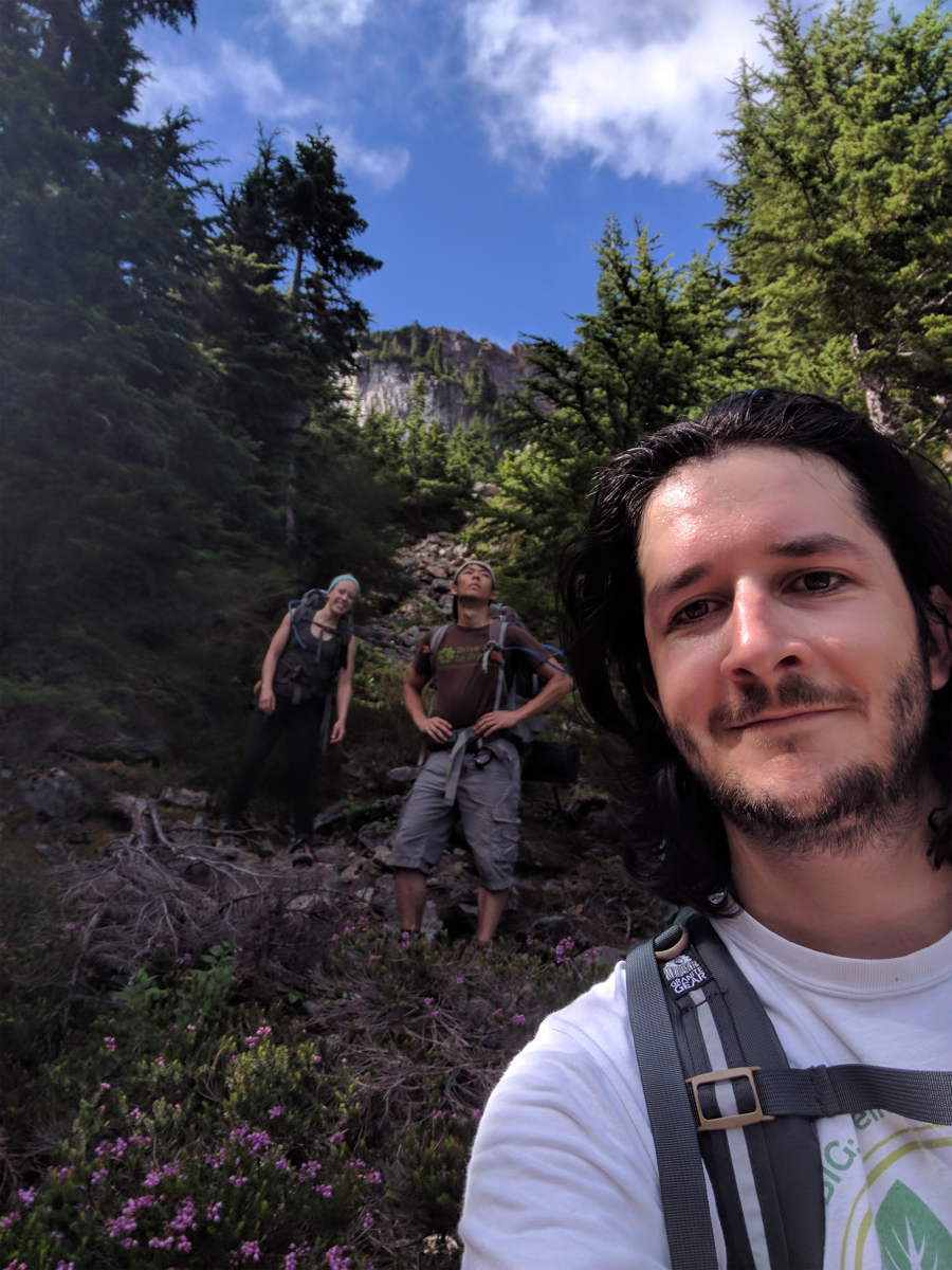 A selfie of William Mayfield on a backpacking trip with fellow PNNL interns.