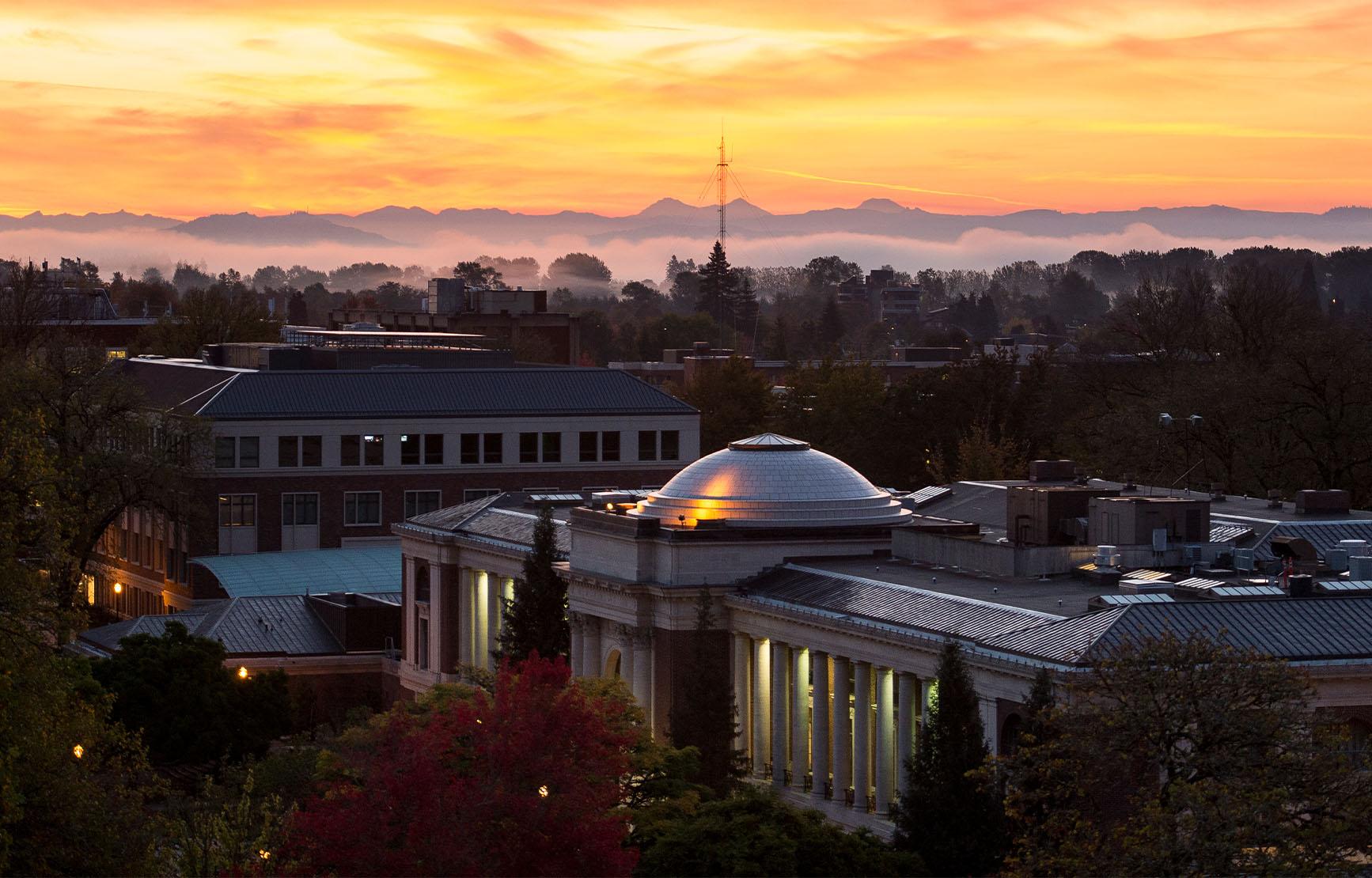 Aerial shot of the campus at sunset