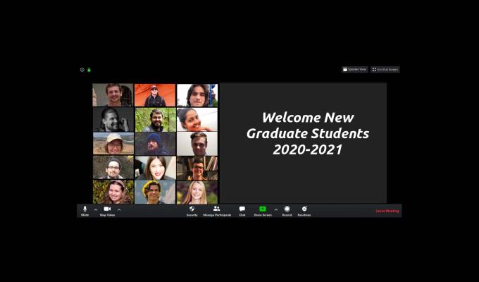 15 students collaged onto a Zoom screen that reads "Welcome New Graduate Students 2020-2021."